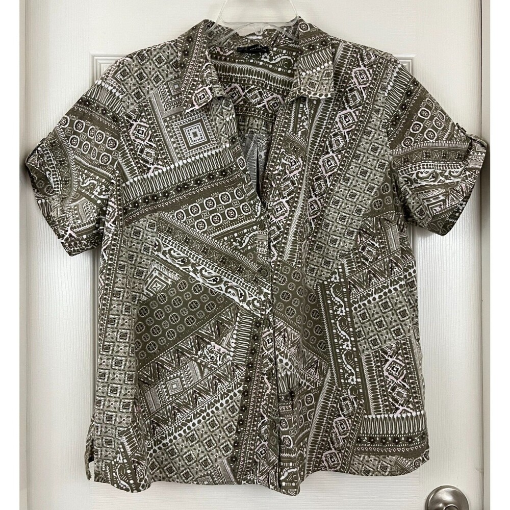 ERICA - Moss Green Patchwork Print Short Sleeve Cotton Blend Button-Up Shirt XL